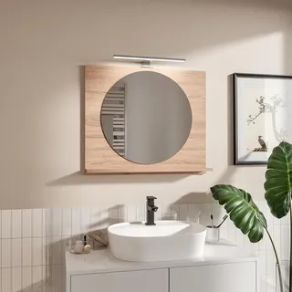 Runder LED-Badspiegel mit Ablage 70x60 cm 55 cm Sonoma – Badezimmerspiegel Wandspiegel mit LED Lampe Gehäuse Schwarz - Beige