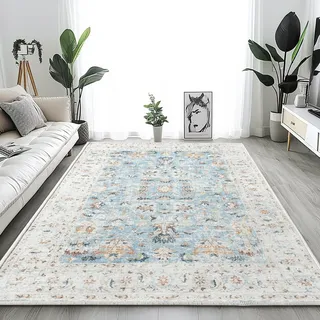 TOPICK Blau 90x150cm Teppich Wohnzimmer Waschbar Superdünne Vintage Blumen Perserteppich Kurzflor Küche Schlafzimmer Wohnzimmer Mädchen Floral Antirutschunterlage Faltbar