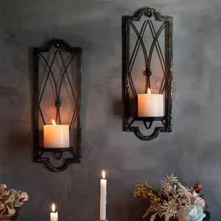 2 Stück Kerzenhalter Wand Vintage,Hängende Metall Wandkerzenhalter für Wanddeko(Schwarz und Gold)