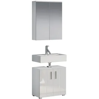trendteam smart living - Wons - Badmöbel-Set (Waschbeckenunterschrank + Spiegelschrank) - Weiß/Weiß Hochglanz - (BxHxT) 60 x 192 x 32 cm - silberfarbene Griffe - kratzfest
