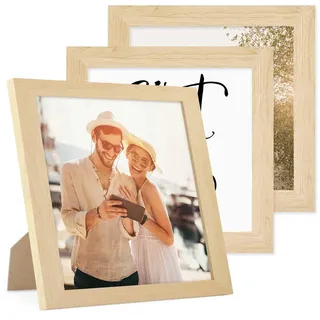 PHOTOLINI Bilderrahmen 20x20 cm MDF-Holz Natur, breite Rahmen, 3er Set, modern, bruchsicheres Acrylglas, zum Aufhängen & Aufstellen, extra Zubehör - für Ihre stilvolle Wanddekoration