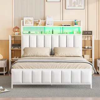 Ball & Cast Polsterbett 160 * 200 cm, Mit Mehreren Einlegeböden, Mit LED-Beleuchtung, Kopfteil für Stauraum, Bettgestell aus Massivem Eisen, Jugendbett, Doppelbett, Kunstlederbezug, Weiß