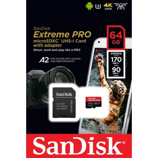 Extreme Pro microSDXC UHS-I U3 V30 A2 64 GB + SD-Adapter