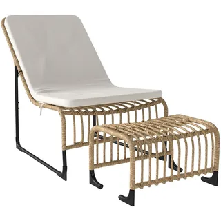 Outsunny Relaxsessel mit Fußhocker UV-beständig Gartensessel mit Kissen Bänder , Creme , Metall , 65x80x93 cm , Gartenmöbel, Gartensessel, Gartenstühle