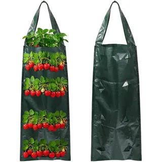 MUYAPAY 2 Stück Erdbeer Pflanzsack Hängend, Vertikal Pflanztasche Hängend | Erdbeeren Pflanzen Pflanzsäcke für Draussen, Pflanzbeutel Hängend mit 8 Löchern für Erdbeer Tomaten Kräuter Gemüse (Grün)