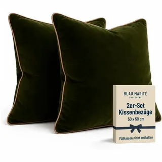 Blau Marité Kissenbezüge 50x50 cm – 2er Set aus weichem Samt – Dekokissen mit kontrastierendem Rand – Grün & Camel – Ohne Füllung
