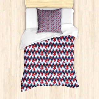 ABAKUHAUS Anker Mantele, Gewellte Streifen 3D Style, Milbensicher Allergiker geeignet mit Kissenbezügen, 135 cm x 200 cm - 80 x 80 cm, Vermilion Marineblau - Blau