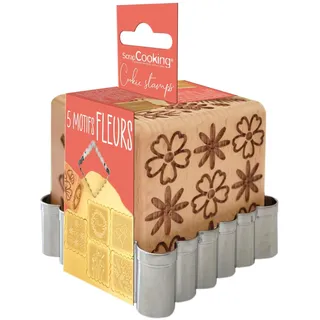 ScrapCooking Gebäckstempel aus Holz mit Blumenmotiven, mit 1 Ausstecher, Keks- & Würfel-Deko, Blume mit 5 Seiten, geprägte Form, Dekoration, 5122, Silber