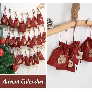 24 stück Adventskalender zum befüllen Stoffbeutel  Säckchen mit 24 Adventszahlen Zahlen zum Befüllen Rot - Rot