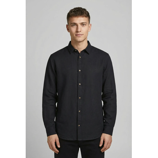 Langarmhemd JACK & JONES "JJESUMMER LINEN BLEND SHIRT L/S SN", Herren, Gr. S, N-Gr, schwarz, Web, Obermaterial: 70% Baumwolle, 30% Leinen, unifarben, normal normal, Hemden Langarmhemd, Baumwollmischung, regular fit