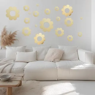 Wandtattoo Kinderzimmer 3D Blumen Spiegel Wandaufkleber für Wohnzimmer Schlafzimmer Modern Zimmer Wanddeko Gold Blumen Wandsticker Selbstklebend