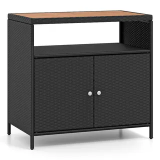 Costway Gartenschrank Rattan, Buffetschrank mit Akazienholz Arbeitsplatte und offenes Fach,