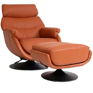 Mendler Relaxsessel mit Hocker HWC-K99, Fernsehsessel Sessel, Wippfunktion drehbar, Metall Echtleder/Kunstleder ~ braun