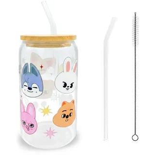 OptiPlay SKids Becher mit Deckel und Strohhalm, STAY Becher 500ml, SKids Glas, STAY Set Auslaufsicher Trinkglas, Glasbecher, Kpop Merch Geschenke für Frauen, Iced Coffee, Smoothie, Cold Tea