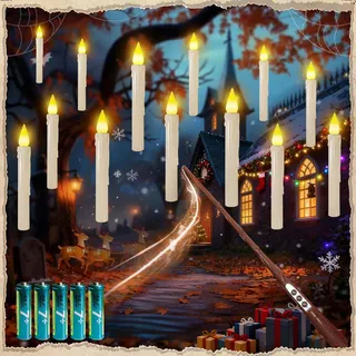 MOZC Schwebende Kerzen mit Zauberstab,12pcs Christbaumkerzen Fliegende Kerzen mit Batterie, LED Lichterkette Floating Candles mit 6H Timer, Warmes Licht Flackernde hängende kerzen für Weihnachten Deko