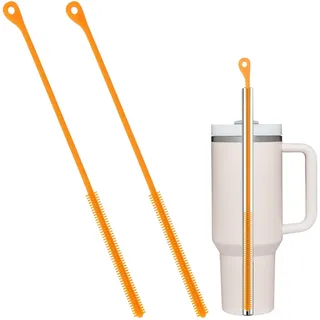 2stk Silikon-Strohhalmbürste, 24 cm Extra Lange Reinigungsbürsten Wiederverwendbares Reinigungswerkzeug für Reise-Trinkflaschendeckel für Stanley Metall-Glas-Strohhalme (Orange)