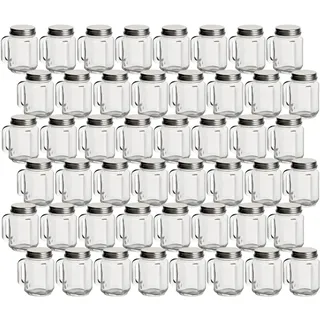 gouveo 48er Set Mini Trinkgläser 30 ml mit Drehverschluss silberfarben - Trinkglas mit Henkel und Schraubdeckel - Mini Henkelgläser mit Deckel für Geburtstag, Party, Hochzeit (TGH030S)