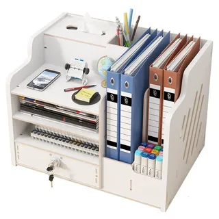 Aktualisierter Schreibtisch-Organizer aus Holz mit Schublade, großes Fassungsvermögen, Schreibtisch-Organizer, A4-Papier-Dokumentensortierer, DIY-Bürobedarf, Aufbewahrungsbox für Zuhause(JB07-2 Weiß)