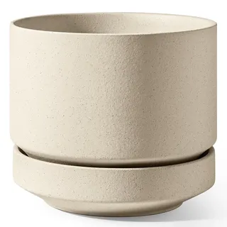 LE TAUCI Keramik Blumentopf Groß 30 cm mit Untersetzer, Großer Pflanzkübel für Außen & Innen, mit Drainageloch, Netz, Unglasiert & Atmungsaktiv, Modern für Terrasse – Sand-Beige