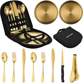 PURPLEBIRD LEBIRD Camping Geschirr Set 2 Personen, Golden 10-teiliges Camping Geschirr Set mit Edelstahl Gabeln, Tafelmesser und Löffel, 10 Stück Tragbars Campingbesteck Set für Outdoor & Picknick