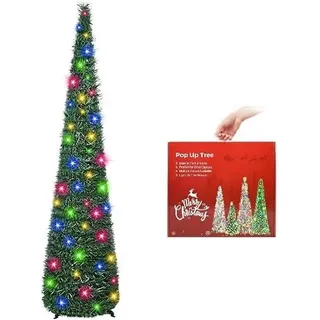 5ft Pop Up Künstlicher Weihnachtsbaum mit Beleuchtung und Anhänger | Pop Up Weihnachtsbaum 150cm, Wiederverwendbar Zusammenklappbarer Lametta-Baum für Weihnachtsdekorationen, Haus, Bürodekor