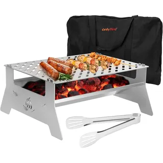 Onlyfire Tischgrill,mobiler Holzkohle-Grill , Grill-Grillrostsystem aus Edelstahl mit Tragetasche und Zange für Outdoor Garten Camping Party Beach Barbecue