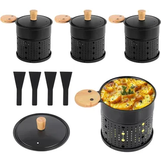 ipow 4er Set Mini Raclette Grill, Racletteofen Set antihaftbeschicht Kerzenraclette für Teelichter, Mini Raclettes, Teelicht-Raclette mit 4 Schaufeln und Deckel, Schwarz