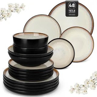 Steingut Geschirr Set 12 Personen Beige, vancasso AMBER Teller Set 12 Personen, Tafelservice 48tlg mit Speiseteller, Dessertteller, Suppenteller, Schüssel, Reaktive Glasur, Hellgelb, Spülmaschinenfest