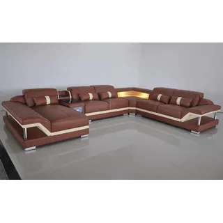 Wohnlandschaft U-Form Cream Braun Ecksofa Leder Sofa Couch Polster Eck Sitz Neu - Braun