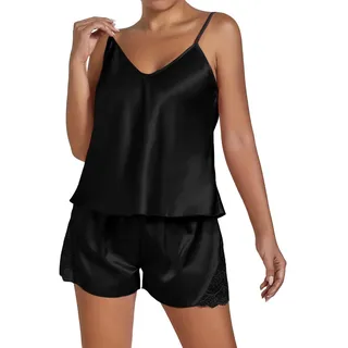 Pyjama Damen Set Kurz Satin Pyjama Damen Kurz Set Rosa Nachthemden Elastischer Bund Nachthemd Bequeme Pjs Sets Zweiteiliger Sleepwear Silk Negligee Mit Spaghettiträger Sleepshirt Cami Top Und Shorts