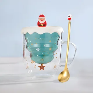 Syfunlv Süße Weihnachtstasse Geschenk, Weihnachten Doppelwandige Glastassen mit Deckel&Löffel,Espressotasse Weihnachten Grinch Tasse, Teegläser, Milchtasse, Weihnachtsbaum Kaffeetassen (Stil 4)