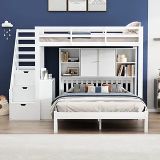 Flieks Etagenbett 90x200/140x200cm mit Regal, Hochbett Kinderbett mit Schreibtisch, Holzbett Stockbett mit Lattenrost und Rausfallschutz, Weiß - Weiß