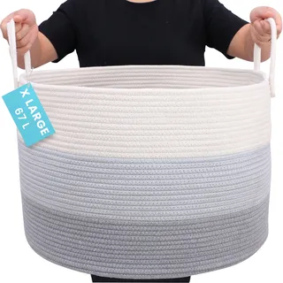 OrganiHaus Korb Geflochten Rund, Wäschekorb Geflochten, Korb Aufbewahrung Groß, Aufbewahrungskorb Kinderzimmer, Aufbewahrungskorb für Decken Kissen Spielzeug, Faltbar mit Griff - 50x33cm, Grau