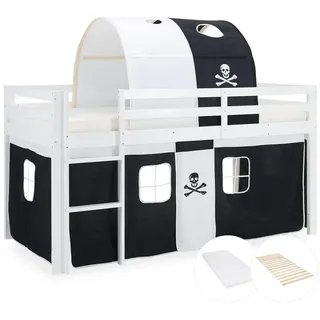 Homestyle4u Hochbett mit Matratze Tunnel 90/200 cm Pirat , Schwarz, Weiß , Holz , Kiefer , 90x200 cm , Babymöbel & Kindermöbel, Kinderzimmer & Jugendzimmer, Kinderbetten, Hochbetten