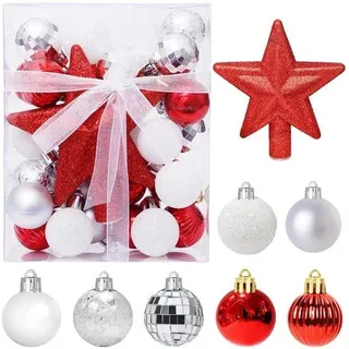 Unyqoos® 30er-Set Mini-Christbaumkugeln rot/weiß Ø 3 cm, Kunststoff – mit rotem Stern und gold-/silbernen Bändern für kleine Weihnachtsbäume 30–90 cm - Rot, Weiß