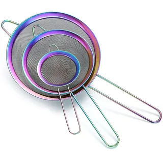 Rainbow Fine Mesh Sieb 3-Teiliges Set, Bunter Mehlsieb zum Backen, Edelstahlreiniger,Mehrfarbiges Matcha-Teesieb, Soßenabscheider, Stasher-Sieb-Nudelsiebe