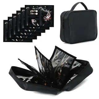 KOSLEOW Schmuckkästchen Reise Harte Schmuckaufbewahrung, Schmuckorganizer mit Transparenten Taschen und Abnehmbaren Reißverschlussfächern für Ohrringe, Ketten, Armbänder, Uhren - Schwarz