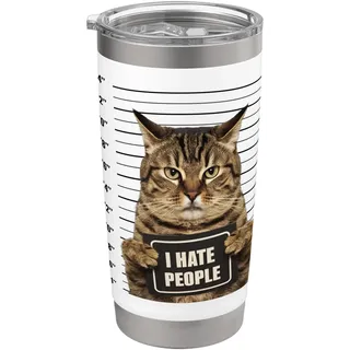Lustiges Fahndungsfoto einer verhafteten kriminellen Katze Ich hasse Menschen, Katzenliebhaber Doppelwandiger Edelstahl-Thermobecher