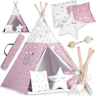 Kinder-Tipi-Zelt mit Lichterkette Nukido - Rosa mit Sternenmuster - Rosa