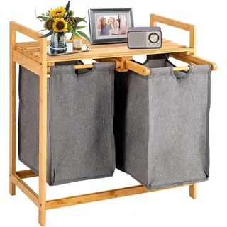 FANTASK Wäschekorb 2 Fächer, mit 2 ausziehbaren Wäschesäcken, Wäschesammler mit Ablage