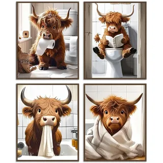 dazzlewall 4 Stück Lustige Highland Cow Wandbilder, Rustikale Kuh Leinwand Bilder für Badezimmer Toiletten Deko 8x10 Zoll Ungerahmt