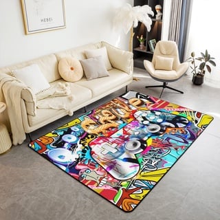 Loussiesd Gamer Wohnzimmerteppich 100x150cm Hippie Graffiti Stil Wohnzimmer Teppiche für Schlafzimmer Home Dekorative Graffiti Graphic Street Culture Teppich Ultra Soft Anti-Rutsch Indoor Bodenmatte