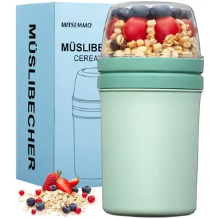 Mitsemmo Müslibecher to Go 600ml+270ml,Joghurtbecher to Go Kinder mit Löffel,Müsli Cup Cornflakes to Go Becher,Müslibecher Müslidose Müslischale Frühstücksdose Müslibox Joghurt Box to Go (Nordic Grün)