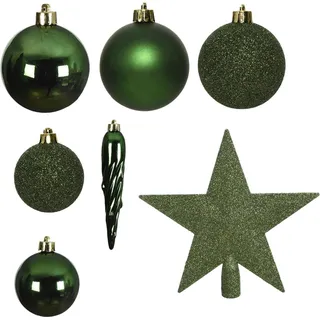 Weihnachtskugeln mit Christbaumspitze Stern Kunststoff 33er Set bruchsicher piniengrün dunkelgrün