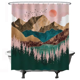 Ulticool Duschvorhang - Natur Sonne Berge Bohemian - 180 x 200 cm – Waschbar – Anti Schimmel - Wasserdicht - mit 12 Ringe - Grün Rosa Braun