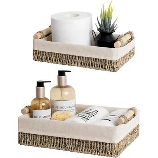 storageworks Aufbewahrungskorb Badezimmer geflochten aus Seegras mit Holzgriffen 2 Stück 37 x 22 x 20 cm Grün