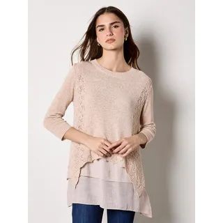Spitzenshirt APRICOT "Glänzendes Mesh-Tunika-Oberteil", Damen, Gr. S (36), grau (stein), Strick, Obermaterial: 46% Polyacryl PAN. 45% Polyamid PA. 9% Polyester PES., uni, Gerippt, Blusen Spitzenshirt