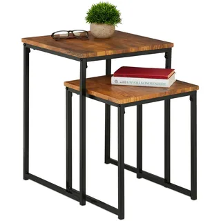 Relaxdays Beistelltisch 2er Set Metall quadratisch, braun/schwarz | Satztisch 2 Größen