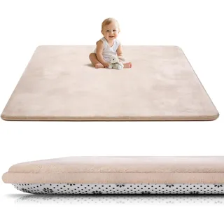 Tuocal Krabbelmatte Baby 150×180cm, 3cm Dicke Schaumstoff Spielmatte, Ultraweiche Stütze und Plüschiges Gefühl Teppich Kinderzimmer, Pflegeleichte Krabbeldecke Baby mit Rutschfester Unterseite, Beige