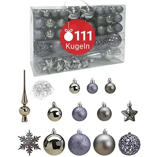 WOMA Christbaumkugeln Set Grau & 19 weiteren Farben - 111er Weihnachtskugeln Set inkl. Metallhaken - Weihnachtskugeln Kunststoff - Weihnachtsbaum Deko & Christbaumschmuck